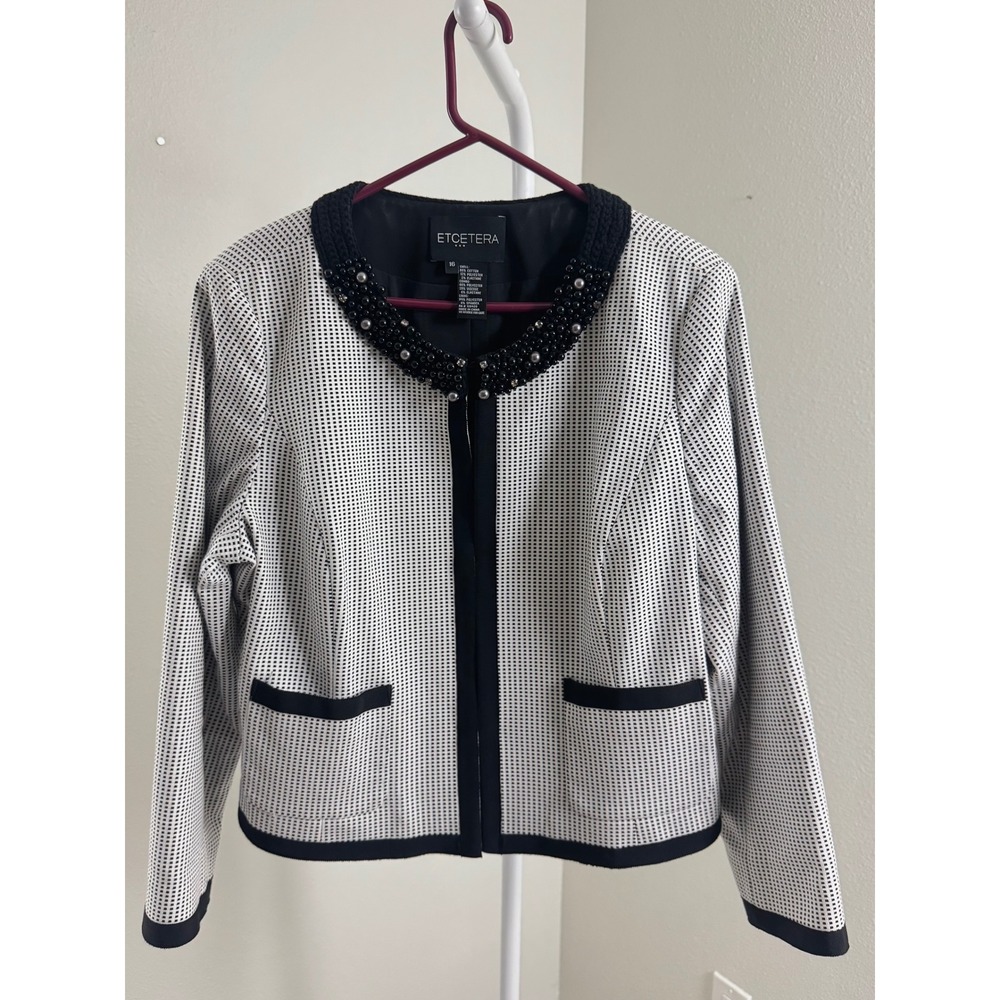 ETCETERA Black White Beaded Pearl Neck Check Cropped Jacket Blazer Size 16